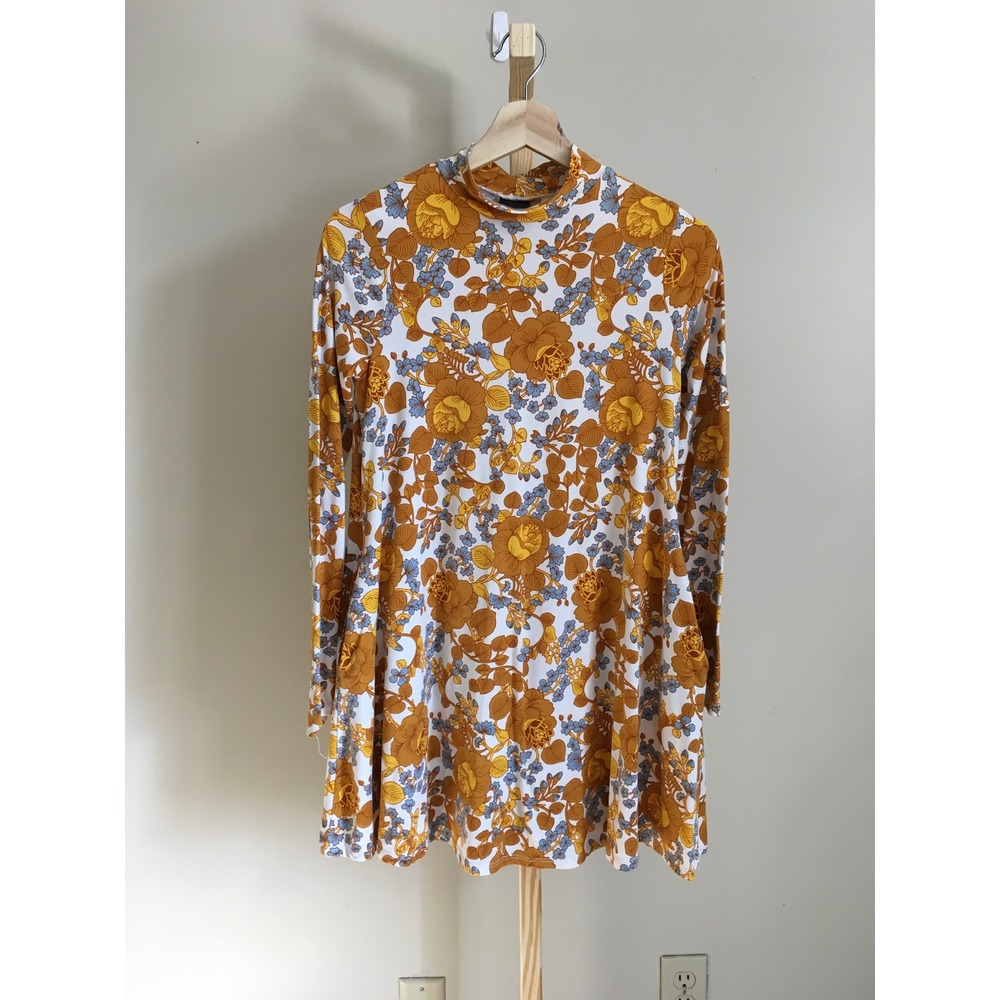 Agnes & Dora Womens Retro Floral Mock Neck Long Sleeve Swing Tunic Mustard XS